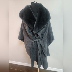 Wool Blend Belted Wrap Coat Shrug w/ Faux Fur Collar – Cozy Chic Cape